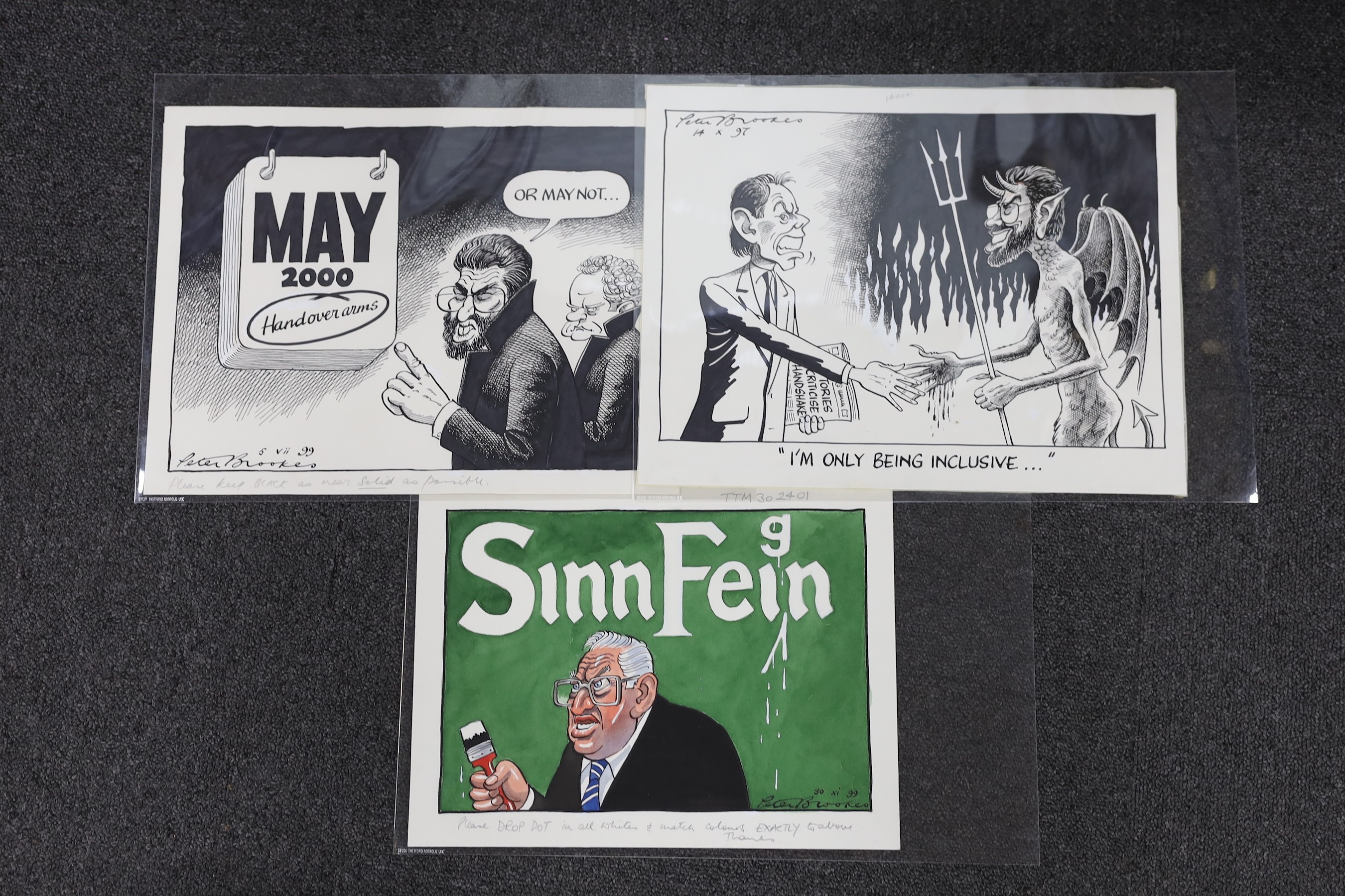 Peter Brookes (9143-), three original ink and watercolour cartoons, all relating to Irish subjects, 'Sinn Feign' 1999, 'May 2000 hand over arms' and 'I'm only being inclusive' 1997, signed and dated with artists notes, l